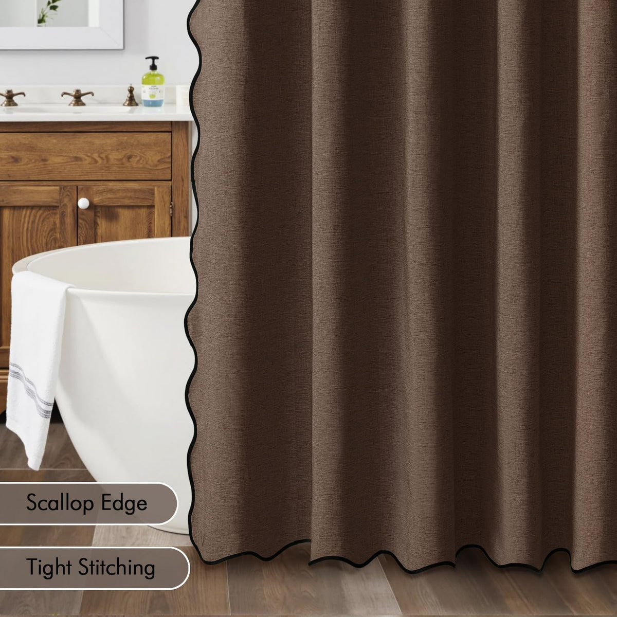 Beige Scalloped Shower Curtain Linen Textured with 12 Metal Hooks Cute Heavy Duty Washable Waterproof Neutral Thick Cloth Shower Curtains with Black Border for Bathroom Bathtub,W72*L72 Cream