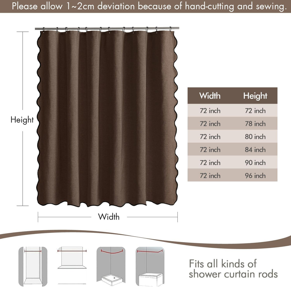 Beige Scalloped Shower Curtain Linen Textured with 12 Metal Hooks Cute Heavy Duty Washable Waterproof Neutral Thick Cloth Shower Curtains with Black Border for Bathroom Bathtub,W72*L72 Cream