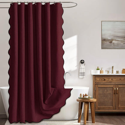 Beige Scalloped Shower Curtain Linen Textured with 12 Metal Hooks Cute Heavy Duty Washable Waterproof Neutral Thick Cloth Shower Curtains with Black Border for Bathroom Bathtub,W72*L72 Cream