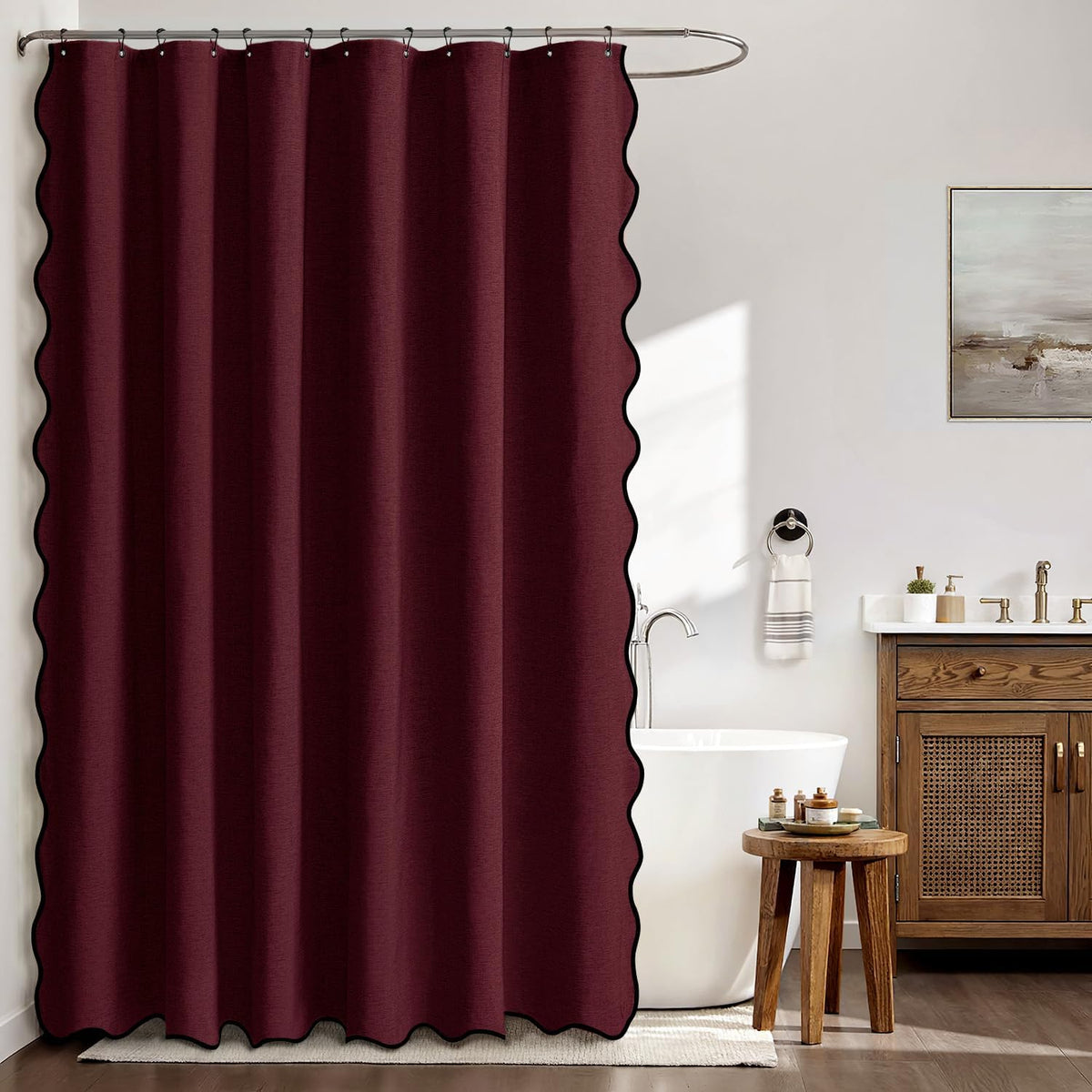 Beige Scalloped Shower Curtain Linen Textured with 12 Metal Hooks Cute Heavy Duty Washable Waterproof Neutral Thick Cloth Shower Curtains with Black Border for Bathroom Bathtub,W72*L72 Cream