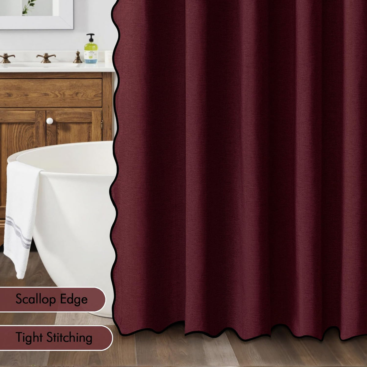 Beige Scalloped Shower Curtain Linen Textured with 12 Metal Hooks Cute Heavy Duty Washable Waterproof Neutral Thick Cloth Shower Curtains with Black Border for Bathroom Bathtub,W72*L72 Cream