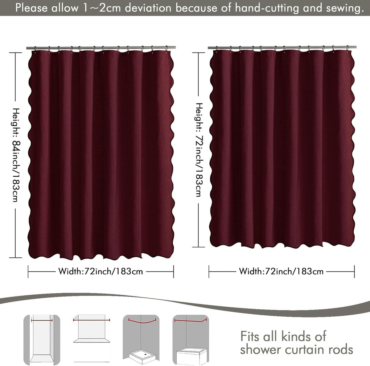 Beige Scalloped Shower Curtain Linen Textured with 12 Metal Hooks Cute Heavy Duty Washable Waterproof Neutral Thick Cloth Shower Curtains with Black Border for Bathroom Bathtub,W72*L72 Cream