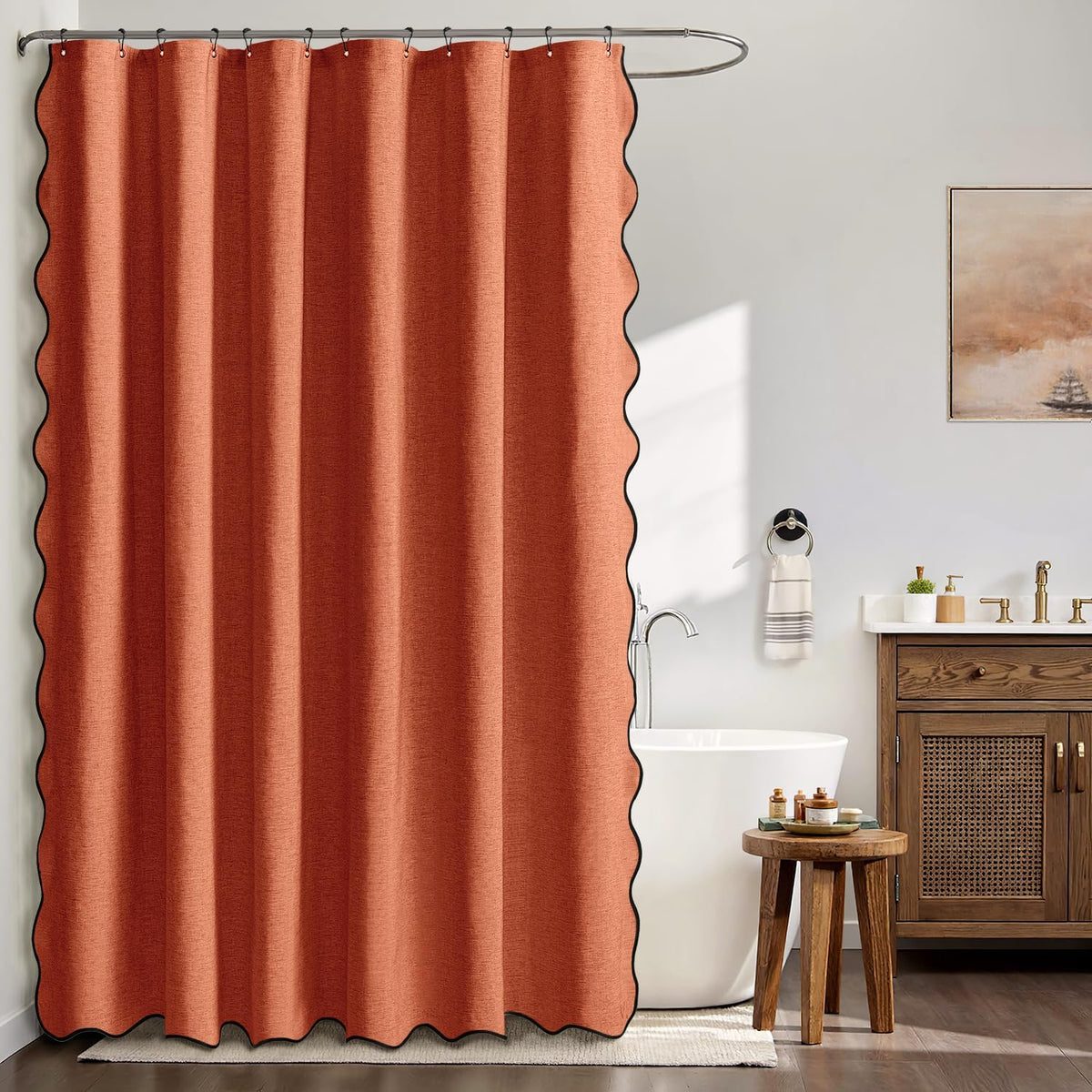 Beige Scalloped Shower Curtain Linen Textured with 12 Metal Hooks Cute Heavy Duty Washable Waterproof Neutral Thick Cloth Shower Curtains with Black Border for Bathroom Bathtub,W72*L72 Cream