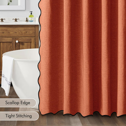 Beige Scalloped Shower Curtain Linen Textured with 12 Metal Hooks Cute Heavy Duty Washable Waterproof Neutral Thick Cloth Shower Curtains with Black Border for Bathroom Bathtub,W72*L72 Cream