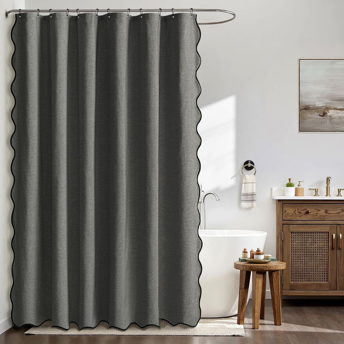 Beige Scalloped Shower Curtain Linen Textured with 12 Metal Hooks Cute Heavy Duty Washable Waterproof Neutral Thick Cloth Shower Curtains with Black Border for Bathroom Bathtub,W72*L72 Cream