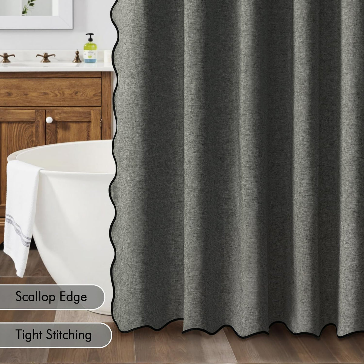 Beige Scalloped Shower Curtain Linen Textured with 12 Metal Hooks Cute Heavy Duty Washable Waterproof Neutral Thick Cloth Shower Curtains with Black Border for Bathroom Bathtub,W72*L72 Cream