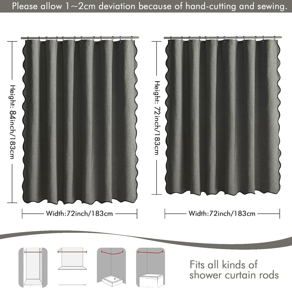 Beige Scalloped Shower Curtain Linen Textured with 12 Metal Hooks Cute Heavy Duty Washable Waterproof Neutral Thick Cloth Shower Curtains with Black Border for Bathroom Bathtub,W72*L72 Cream