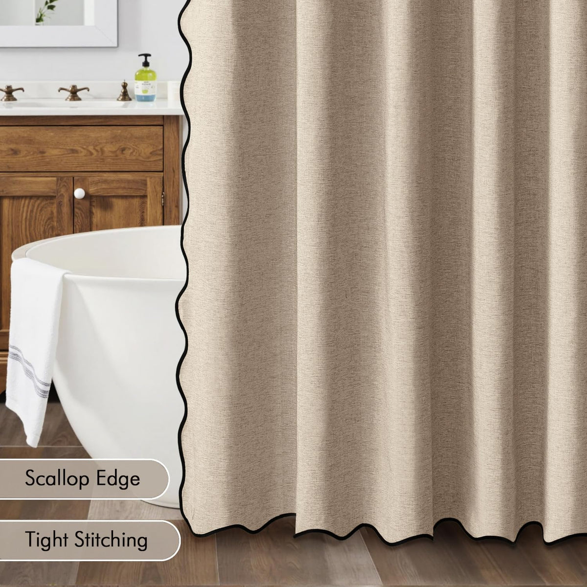 Beige Scalloped Shower Curtain Linen Textured with 12 Metal Hooks Cute Heavy Duty Washable Waterproof Neutral Thick Cloth Shower Curtains with Black Border for Bathroom Bathtub,W72*L72 Cream