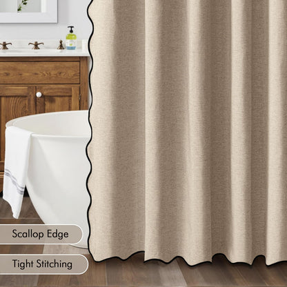 Beige Scalloped Shower Curtain Linen Textured with 12 Metal Hooks Cute Heavy Duty Washable Waterproof Neutral Thick Cloth Shower Curtains with Black Border for Bathroom Bathtub,W72*L72 Cream