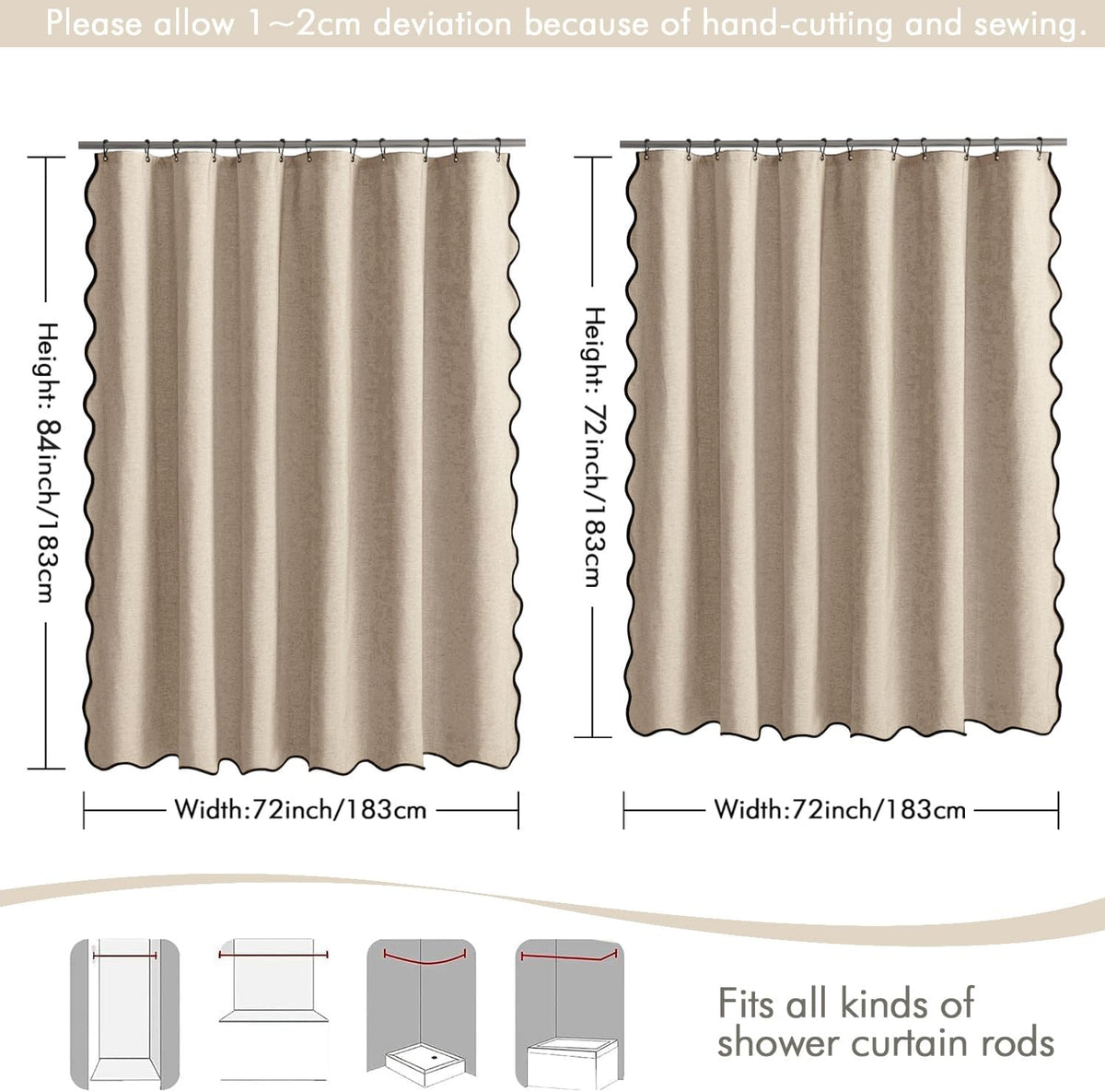 Beige Scalloped Shower Curtain Linen Textured with 12 Metal Hooks Cute Heavy Duty Washable Waterproof Neutral Thick Cloth Shower Curtains with Black Border for Bathroom Bathtub,W72*L72 Cream