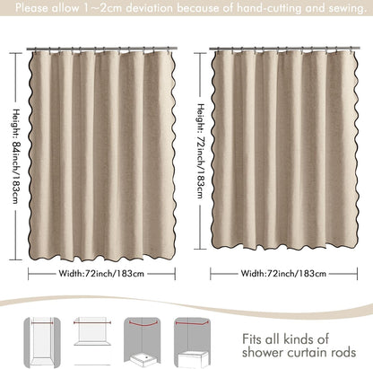 Beige Scalloped Shower Curtain Linen Textured with 12 Metal Hooks Cute Heavy Duty Washable Waterproof Neutral Thick Cloth Shower Curtains with Black Border for Bathroom Bathtub,W72*L72 Cream