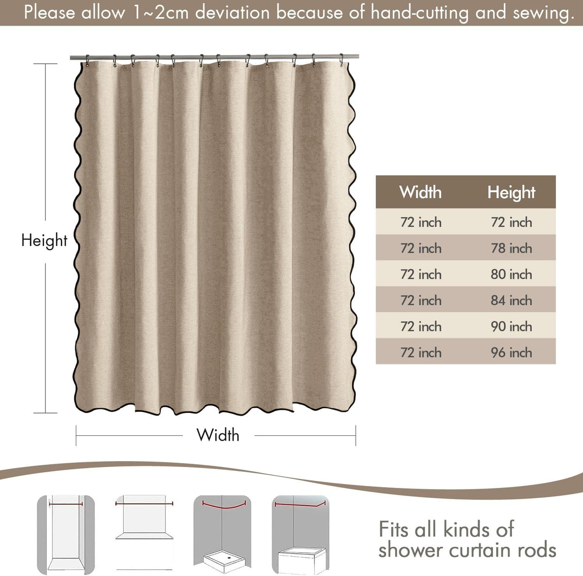 Beige Scalloped Shower Curtain Linen Textured with 12 Metal Hooks Cute Heavy Duty Washable Waterproof Neutral Thick Cloth Shower Curtains with Black Border for Bathroom Bathtub,W72*L72 Cream