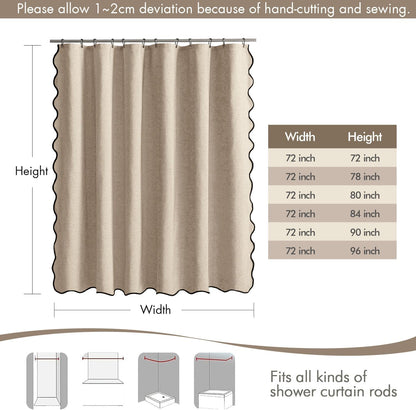 Beige Scalloped Shower Curtain Linen Textured with 12 Metal Hooks Cute Heavy Duty Washable Waterproof Neutral Thick Cloth Shower Curtains with Black Border for Bathroom Bathtub,W72*L72 Cream