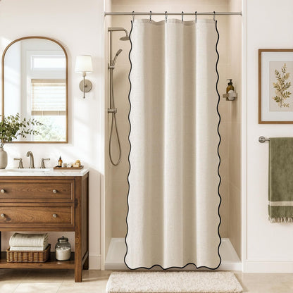 Beige Scalloped Shower Curtain Linen Textured with 12 Metal Hooks Cute Heavy Duty Washable Waterproof Neutral Thick Cloth Shower Curtains with Black Border for Bathroom Bathtub,W72*L72 Cream