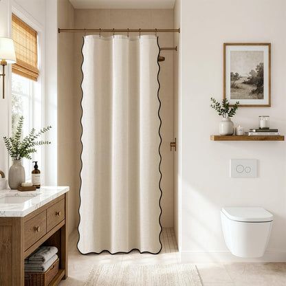 Beige Scalloped Shower Curtain Linen Textured with 12 Metal Hooks Cute Heavy Duty Washable Waterproof Neutral Thick Cloth Shower Curtains with Black Border for Bathroom Bathtub,W72*L72 Cream