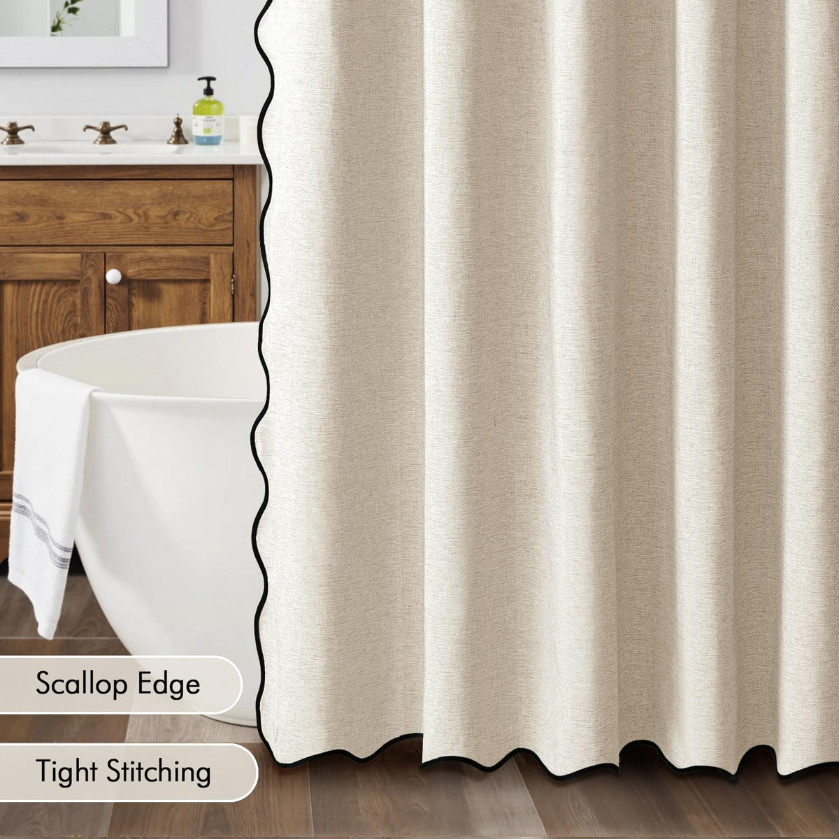 Beige Scalloped Shower Curtain Linen Textured with 12 Metal Hooks Cute Heavy Duty Washable Waterproof Neutral Thick Cloth Shower Curtains with Black Border for Bathroom Bathtub,W72*L72 Cream