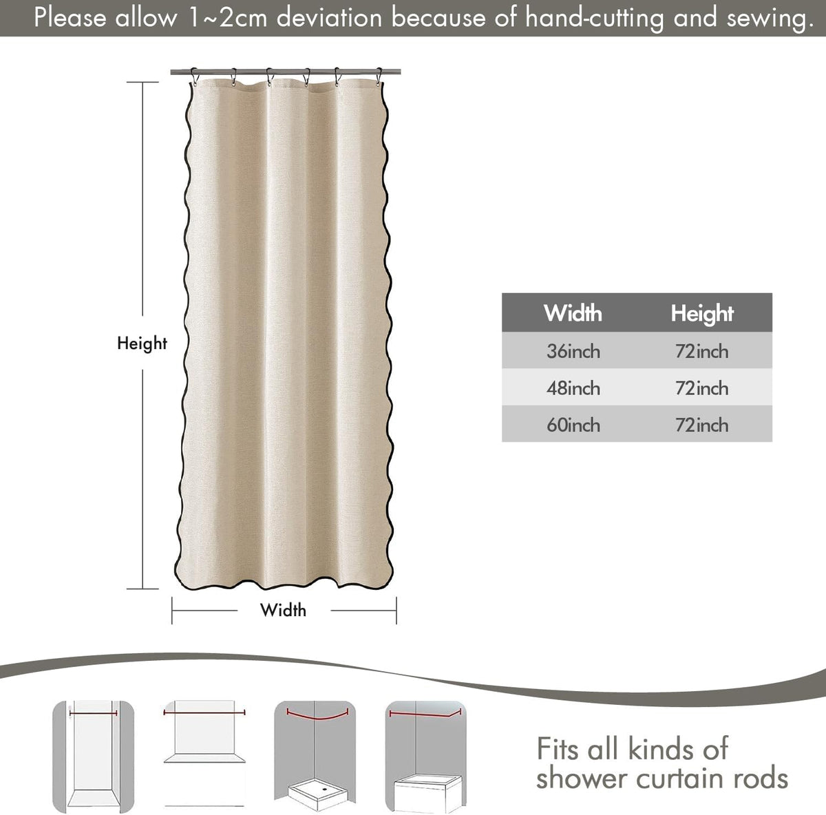 Beige Scalloped Shower Curtain Linen Textured with 12 Metal Hooks Cute Heavy Duty Washable Waterproof Neutral Thick Cloth Shower Curtains with Black Border for Bathroom Bathtub,W72*L72 Cream