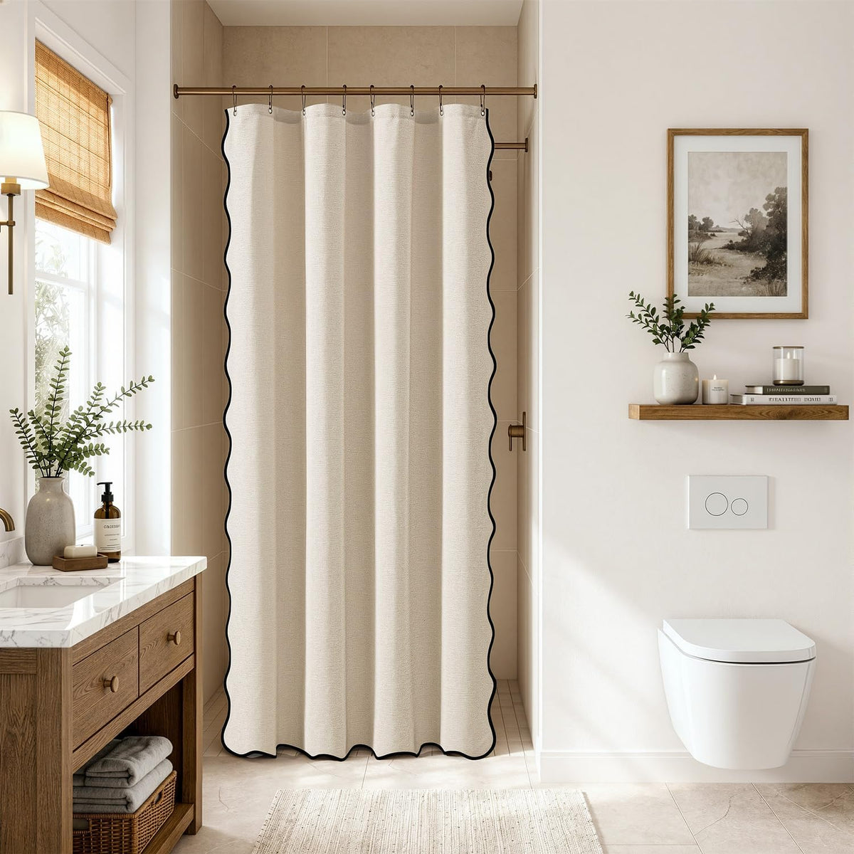 Beige Scalloped Shower Curtain Linen Textured with 12 Metal Hooks Cute Heavy Duty Washable Waterproof Neutral Thick Cloth Shower Curtains with Black Border for Bathroom Bathtub,W72*L72 Cream