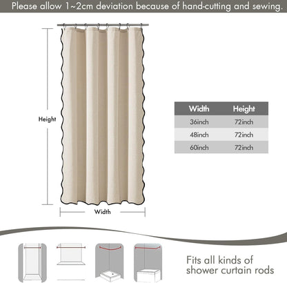 Beige Scalloped Shower Curtain Linen Textured with 12 Metal Hooks Cute Heavy Duty Washable Waterproof Neutral Thick Cloth Shower Curtains with Black Border for Bathroom Bathtub,W72*L72 Cream