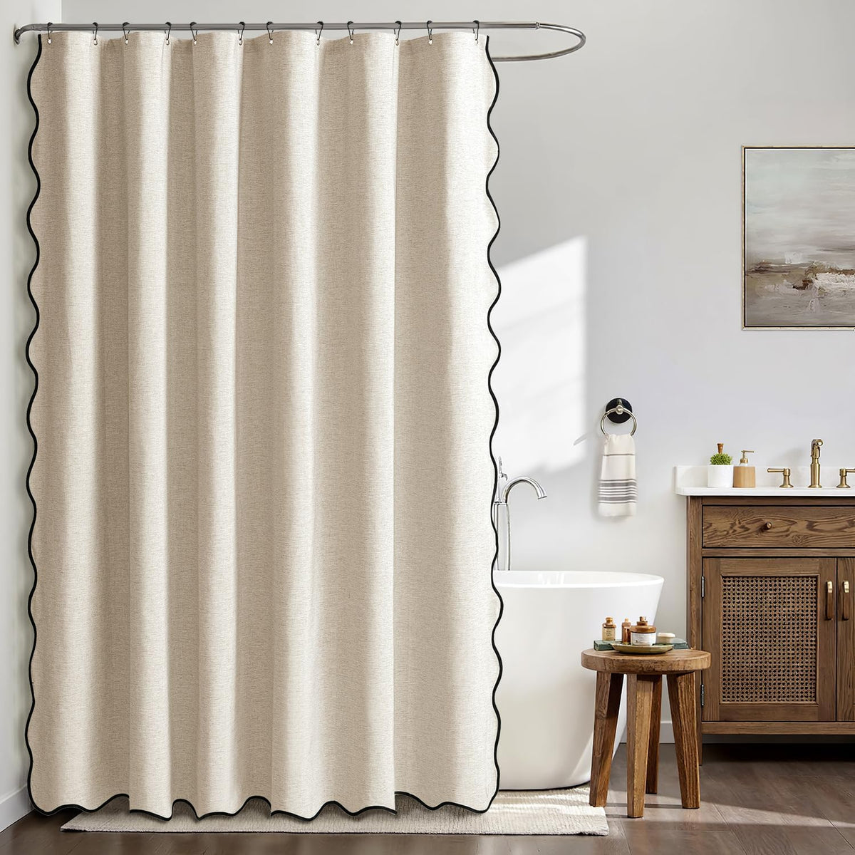 Beige Scalloped Shower Curtain Linen Textured with 12 Metal Hooks Cute Heavy Duty Washable Waterproof Neutral Thick Cloth Shower Curtains with Black Border for Bathroom Bathtub,W72*L72 Cream