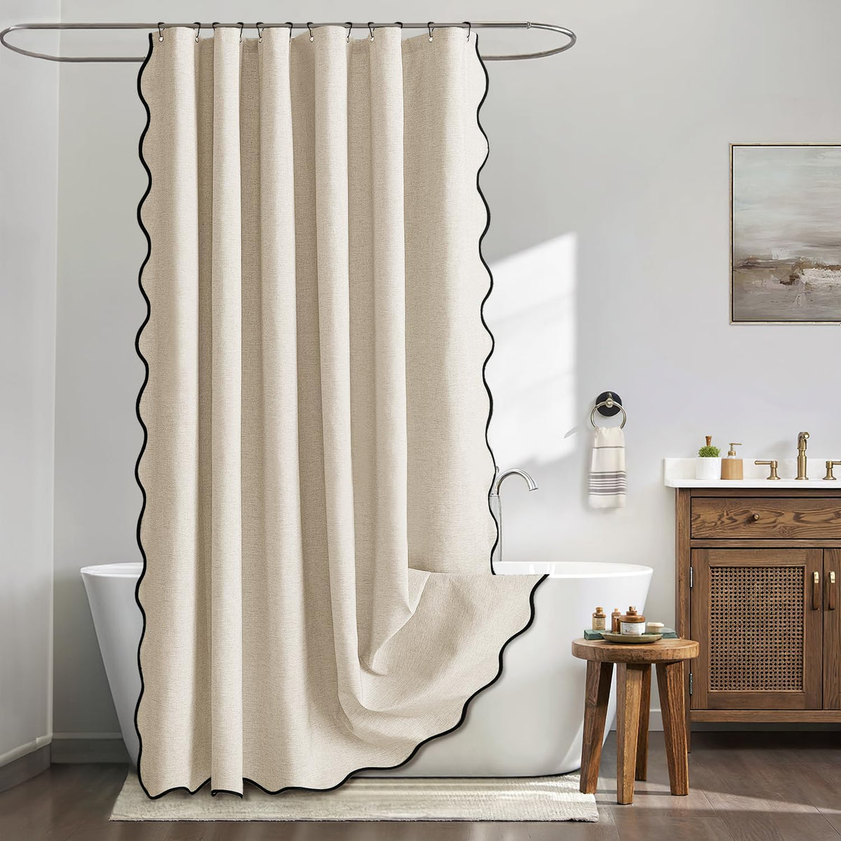 Beige Scalloped Shower Curtain Linen Textured with 12 Metal Hooks Cute Heavy Duty Washable Waterproof Neutral Thick Cloth Shower Curtains with Black Border for Bathroom Bathtub,W72*L72 Cream