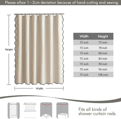Beige Scalloped Shower Curtain Linen Textured with 12 Metal Hooks Cute Heavy Duty Washable Waterproof Neutral Thick Cloth Shower Curtains with Black Border for Bathroom Bathtub,W72*L72 Cream