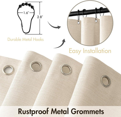 Beige Scalloped Shower Curtain Linen Textured with 12 Metal Hooks Cute Heavy Duty Washable Waterproof Neutral Thick Cloth Shower Curtains with Black Border for Bathroom Bathtub,W72*L72 Cream