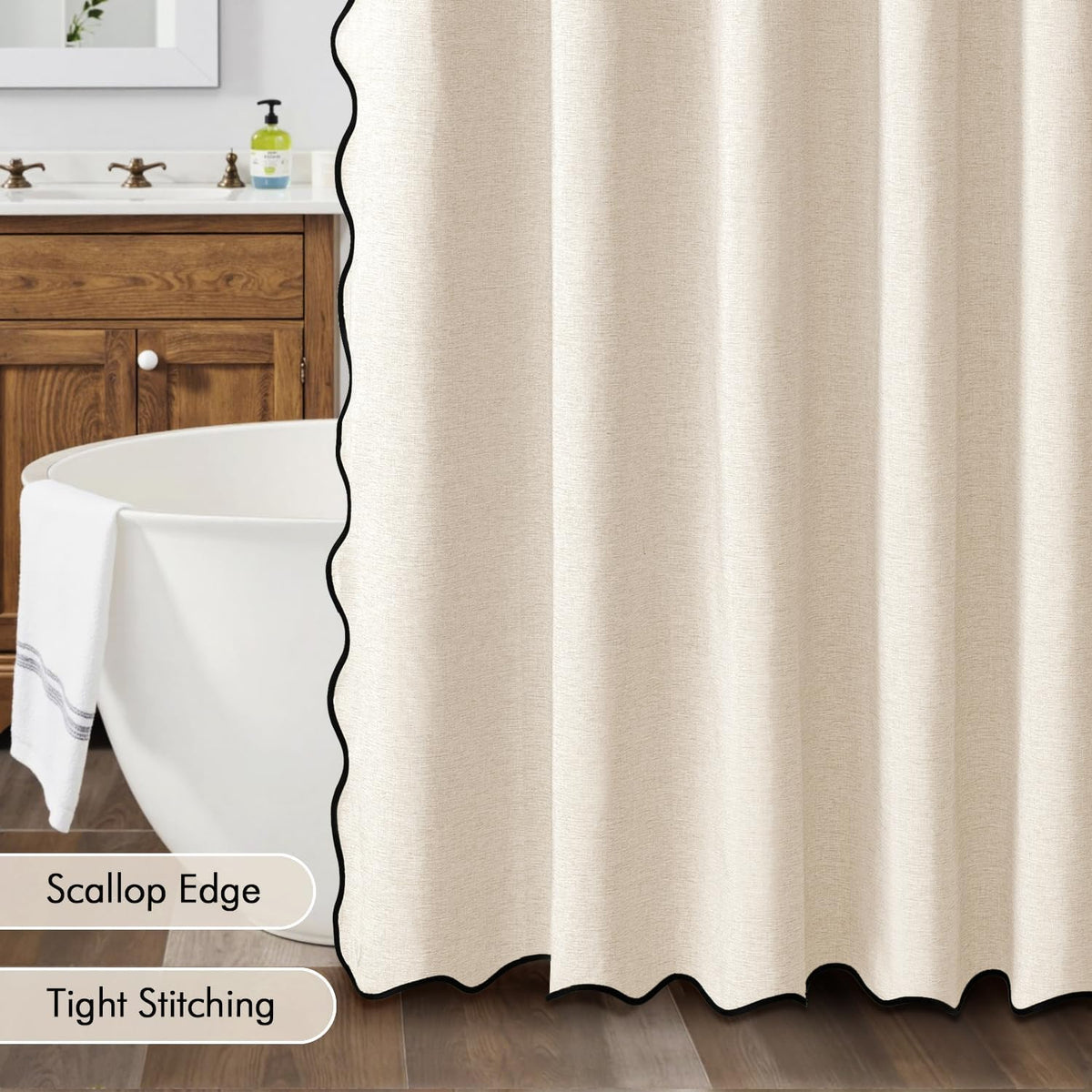 Beige Scalloped Shower Curtain Linen Textured with 12 Metal Hooks Cute Heavy Duty Washable Waterproof Neutral Thick Cloth Shower Curtains with Black Border for Bathroom Bathtub,W72*L72 Cream