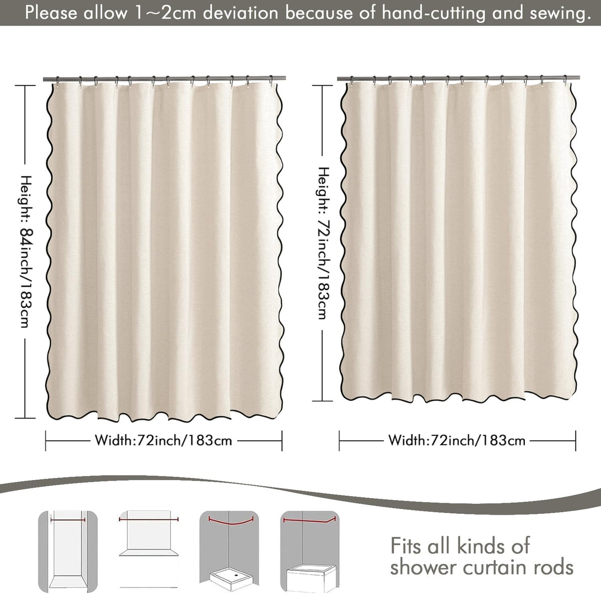 Beige Scalloped Shower Curtain Linen Textured with 12 Metal Hooks Cute Heavy Duty Washable Waterproof Neutral Thick Cloth Shower Curtains with Black Border for Bathroom Bathtub,W72*L72 Cream