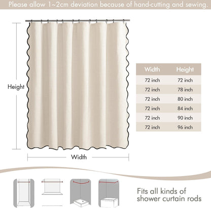 Beige Scalloped Shower Curtain Linen Textured with 12 Metal Hooks Cute Heavy Duty Washable Waterproof Neutral Thick Cloth Shower Curtains with Black Border for Bathroom Bathtub,W72*L72 Cream