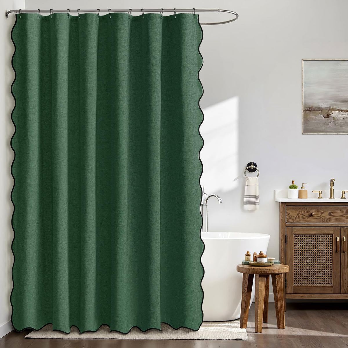 Beige Scalloped Shower Curtain Linen Textured with 12 Metal Hooks Cute Heavy Duty Washable Waterproof Neutral Thick Cloth Shower Curtains with Black Border for Bathroom Bathtub,W72*L72 Cream
