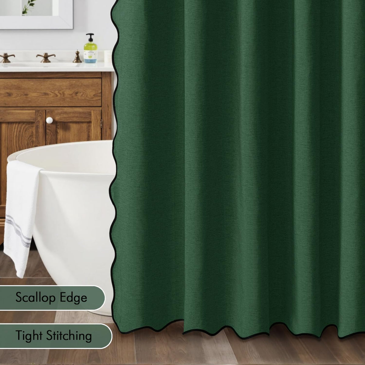 Beige Scalloped Shower Curtain Linen Textured with 12 Metal Hooks Cute Heavy Duty Washable Waterproof Neutral Thick Cloth Shower Curtains with Black Border for Bathroom Bathtub,W72*L72 Cream