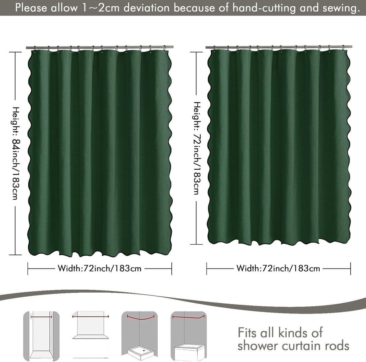 Beige Scalloped Shower Curtain Linen Textured with 12 Metal Hooks Cute Heavy Duty Washable Waterproof Neutral Thick Cloth Shower Curtains with Black Border for Bathroom Bathtub,W72*L72 Cream