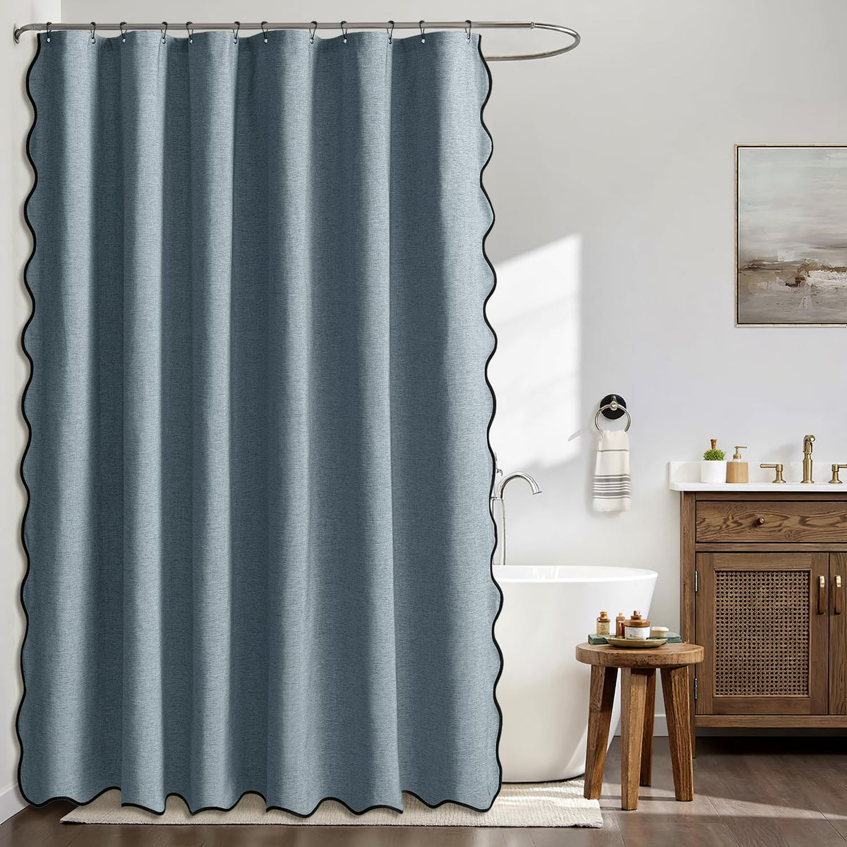Beige Scalloped Shower Curtain Linen Textured with 12 Metal Hooks Cute Heavy Duty Washable Waterproof Neutral Thick Cloth Shower Curtains with Black Border for Bathroom Bathtub,W72*L72 Cream