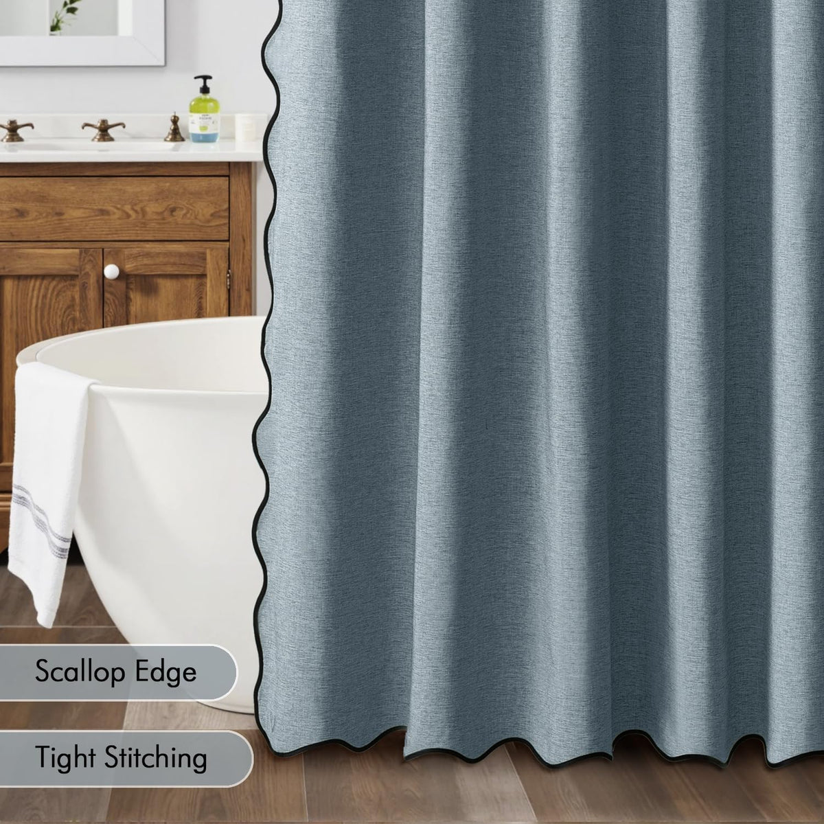 Beige Scalloped Shower Curtain Linen Textured with 12 Metal Hooks Cute Heavy Duty Washable Waterproof Neutral Thick Cloth Shower Curtains with Black Border for Bathroom Bathtub,W72*L72 Cream