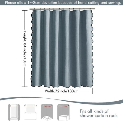 Beige Scalloped Shower Curtain Linen Textured with 12 Metal Hooks Cute Heavy Duty Washable Waterproof Neutral Thick Cloth Shower Curtains with Black Border for Bathroom Bathtub,W72*L72 Cream