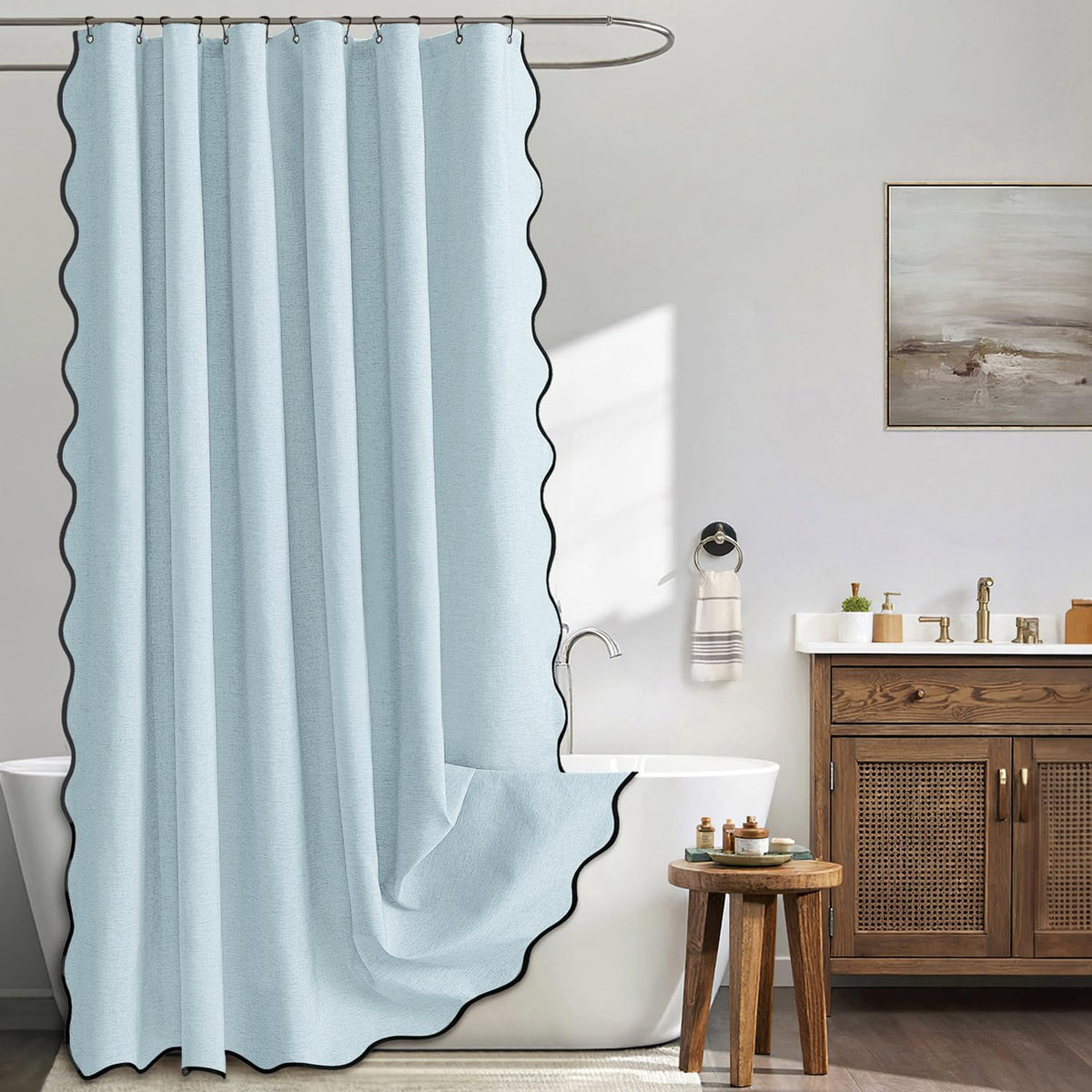 Beige Scalloped Shower Curtain Linen Textured with 12 Metal Hooks Cute Heavy Duty Washable Waterproof Neutral Thick Cloth Shower Curtains with Black Border for Bathroom Bathtub,W72*L72 Cream