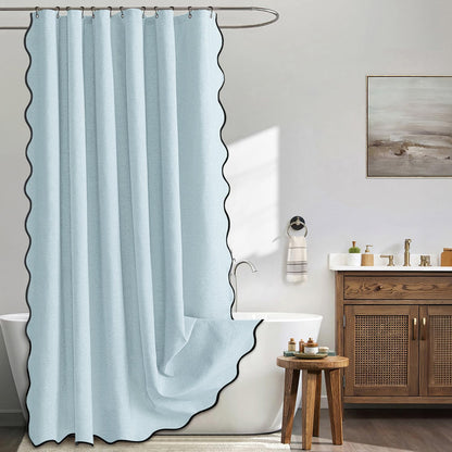 Beige Scalloped Shower Curtain Linen Textured with 12 Metal Hooks Cute Heavy Duty Washable Waterproof Neutral Thick Cloth Shower Curtains with Black Border for Bathroom Bathtub,W72*L72 Cream