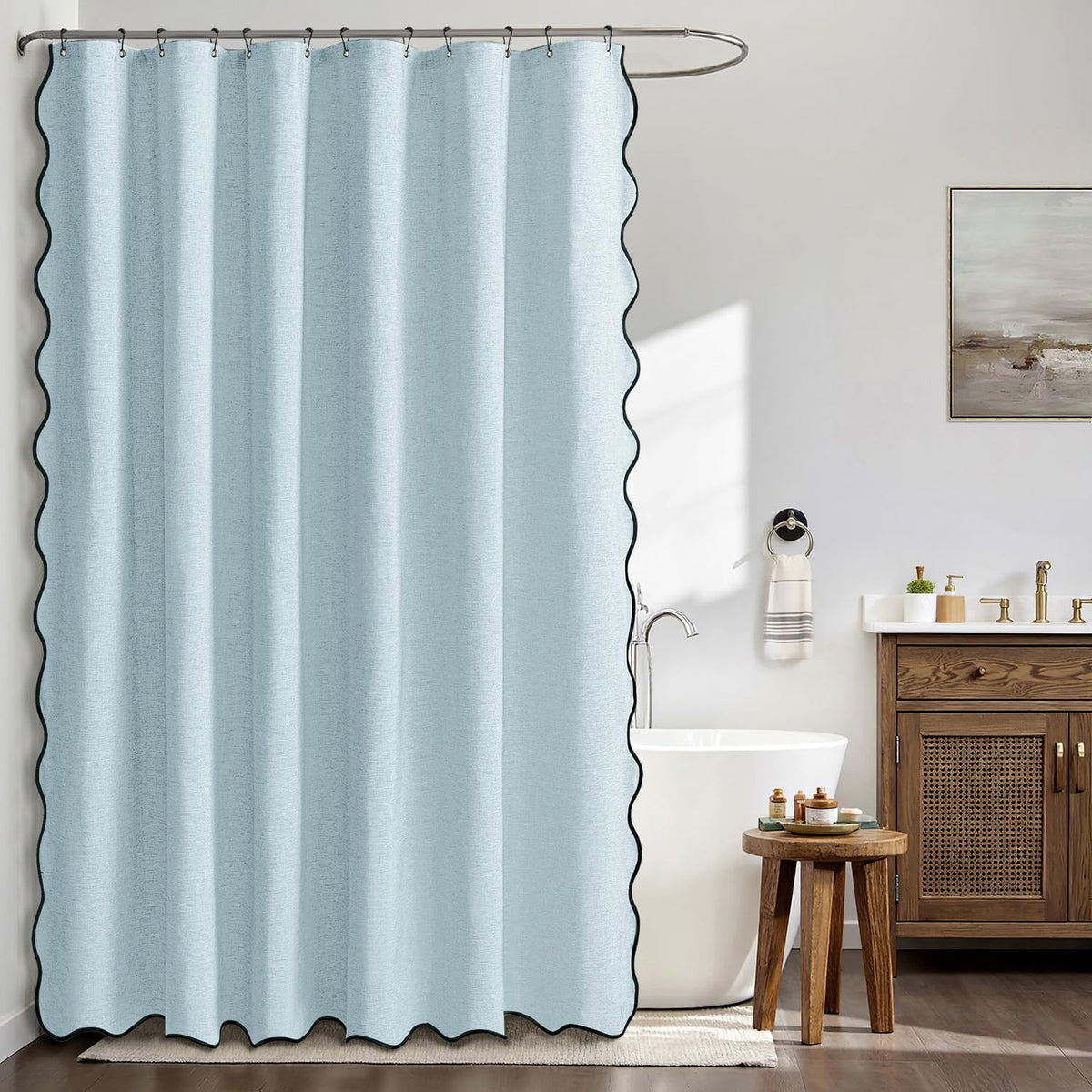 Beige Scalloped Shower Curtain Linen Textured with 12 Metal Hooks Cute Heavy Duty Washable Waterproof Neutral Thick Cloth Shower Curtains with Black Border for Bathroom Bathtub,W72*L72 Cream