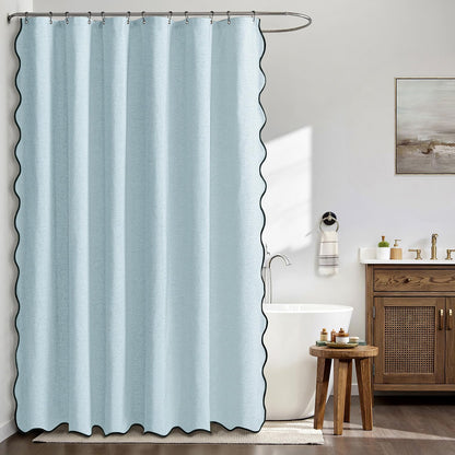 Beige Scalloped Shower Curtain Linen Textured with 12 Metal Hooks Cute Heavy Duty Washable Waterproof Neutral Thick Cloth Shower Curtains with Black Border for Bathroom Bathtub,W72*L72 Cream