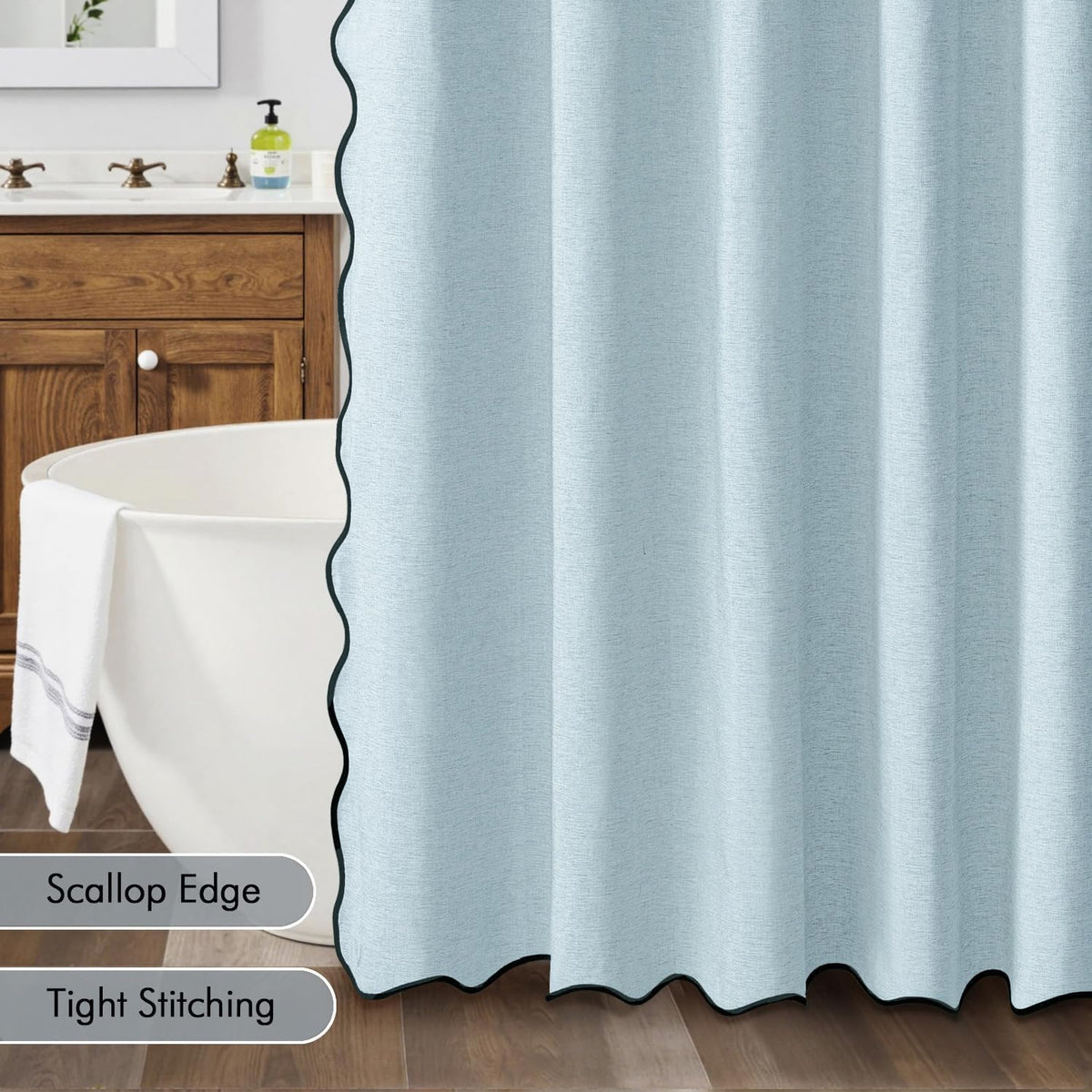 Beige Scalloped Shower Curtain Linen Textured with 12 Metal Hooks Cute Heavy Duty Washable Waterproof Neutral Thick Cloth Shower Curtains with Black Border for Bathroom Bathtub,W72*L72 Cream
