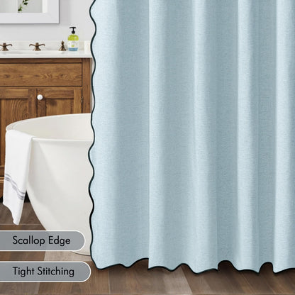 Beige Scalloped Shower Curtain Linen Textured with 12 Metal Hooks Cute Heavy Duty Washable Waterproof Neutral Thick Cloth Shower Curtains with Black Border for Bathroom Bathtub,W72*L72 Cream