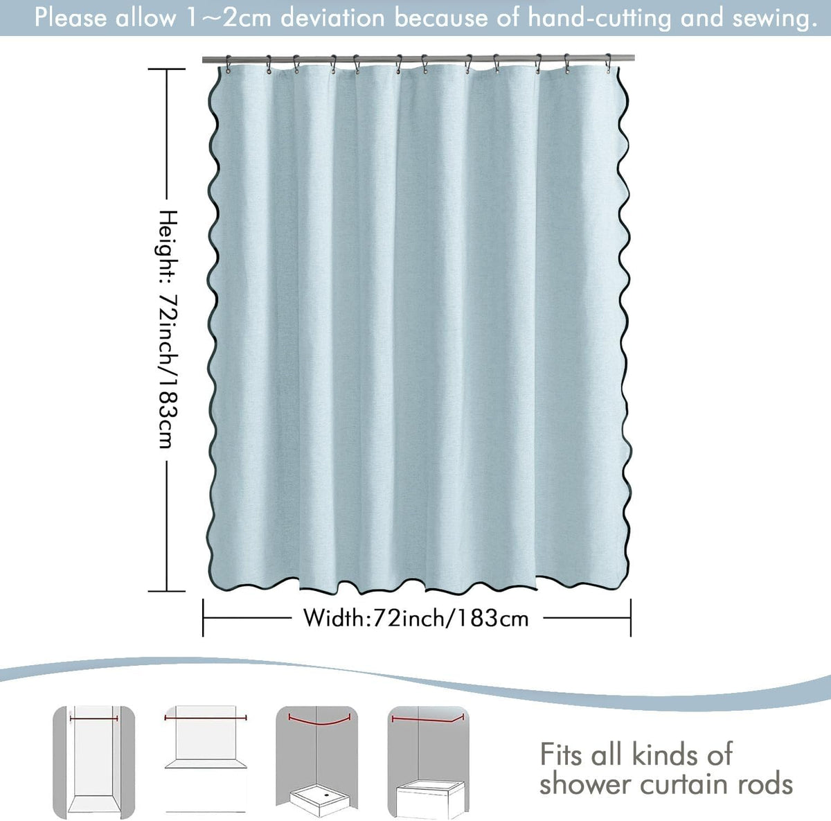 Beige Scalloped Shower Curtain Linen Textured with 12 Metal Hooks Cute Heavy Duty Washable Waterproof Neutral Thick Cloth Shower Curtains with Black Border for Bathroom Bathtub,W72*L72 Cream