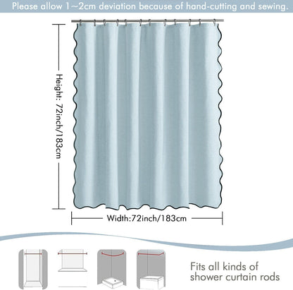 Beige Scalloped Shower Curtain Linen Textured with 12 Metal Hooks Cute Heavy Duty Washable Waterproof Neutral Thick Cloth Shower Curtains with Black Border for Bathroom Bathtub,W72*L72 Cream