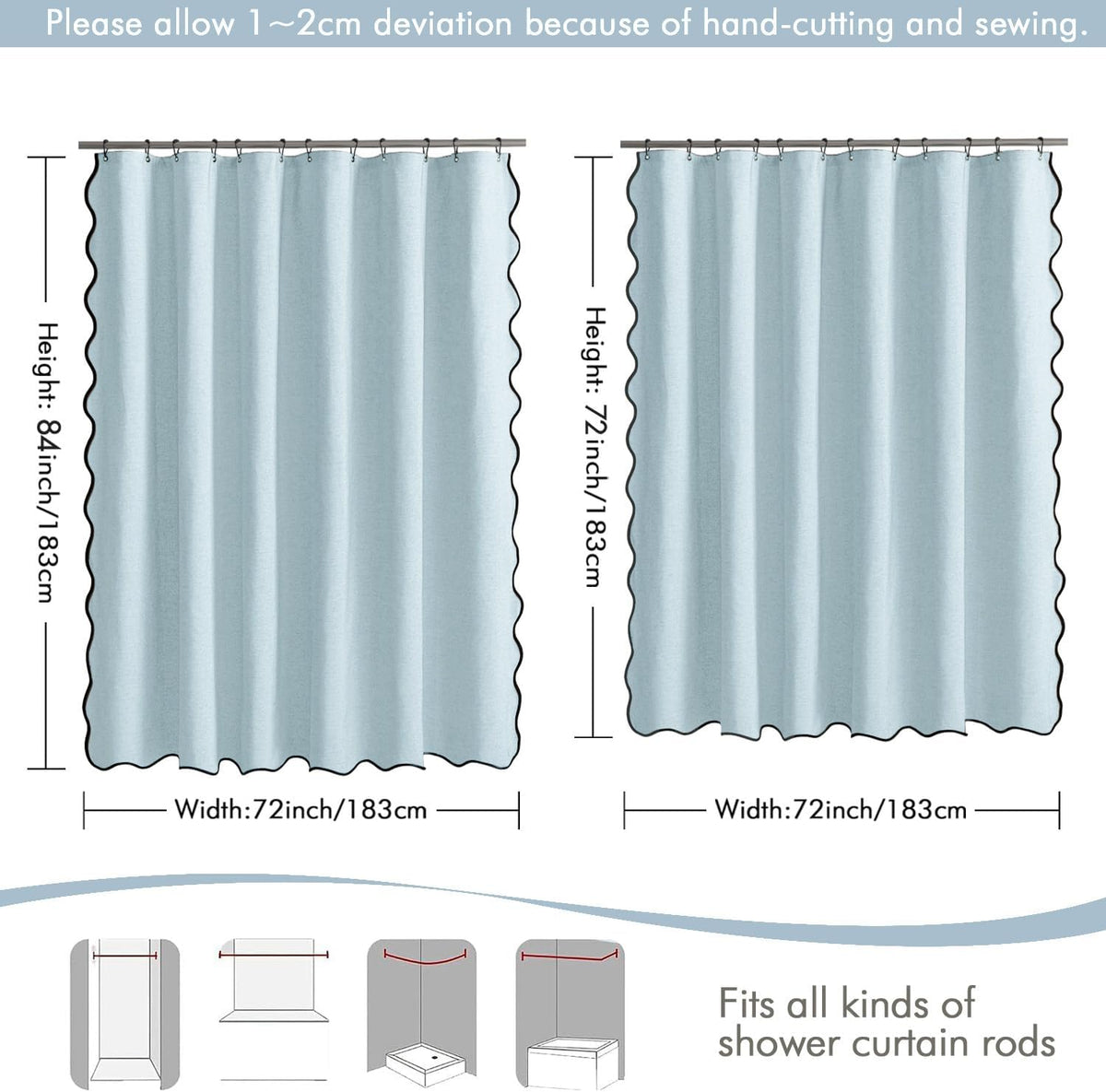 Beige Scalloped Shower Curtain Linen Textured with 12 Metal Hooks Cute Heavy Duty Washable Waterproof Neutral Thick Cloth Shower Curtains with Black Border for Bathroom Bathtub,W72*L72 Cream