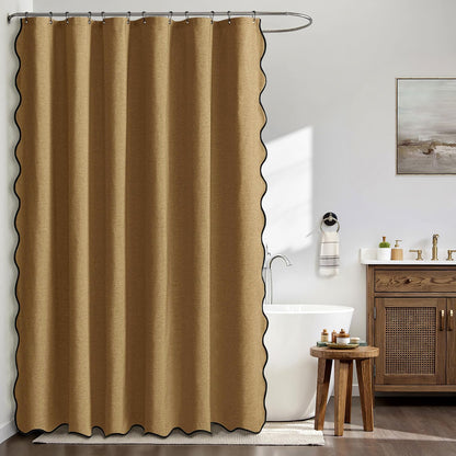 Beige Scalloped Shower Curtain Linen Textured with 12 Metal Hooks Cute Heavy Duty Washable Waterproof Neutral Thick Cloth Shower Curtains with Black Border for Bathroom Bathtub,W72*L72 Cream
