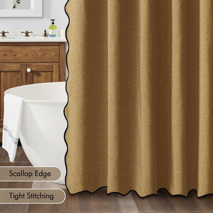 Beige Scalloped Shower Curtain Linen Textured with 12 Metal Hooks Cute Heavy Duty Washable Waterproof Neutral Thick Cloth Shower Curtains with Black Border for Bathroom Bathtub,W72*L72 Cream