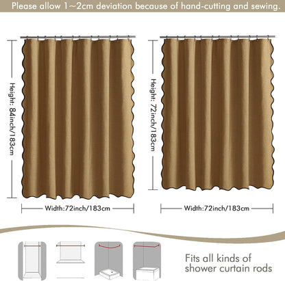 Beige Scalloped Shower Curtain Linen Textured with 12 Metal Hooks Cute Heavy Duty Washable Waterproof Neutral Thick Cloth Shower Curtains with Black Border for Bathroom Bathtub,W72*L72 Cream