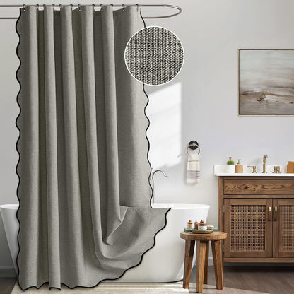Beige Scalloped Shower Curtain Linen Textured with 12 Metal Hooks Cute Heavy Duty Washable Waterproof Neutral Thick Cloth Shower Curtains with Black Border for Bathroom Bathtub,W72*L72 Cream