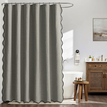 Beige Scalloped Shower Curtain Linen Textured with 12 Metal Hooks Cute Heavy Duty Washable Waterproof Neutral Thick Cloth Shower Curtains with Black Border for Bathroom Bathtub,W72*L72 Cream